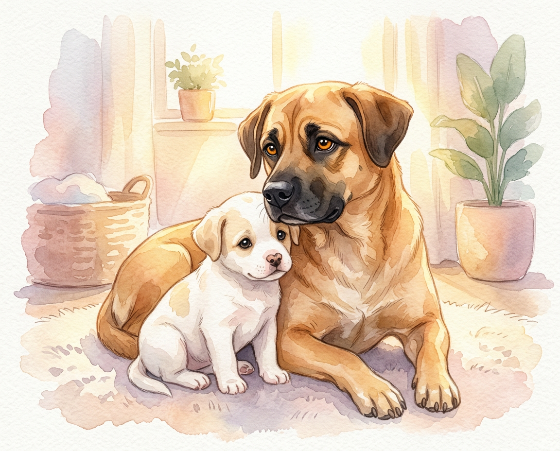 Portada del cuento Hanna: una cachorra blanca junto a su madre Abby